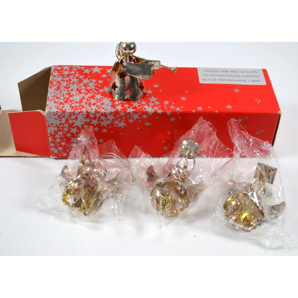 Vintage Avon Silverplated Angel w/ Horns Set of 4 Christmas Ornaments New in Box